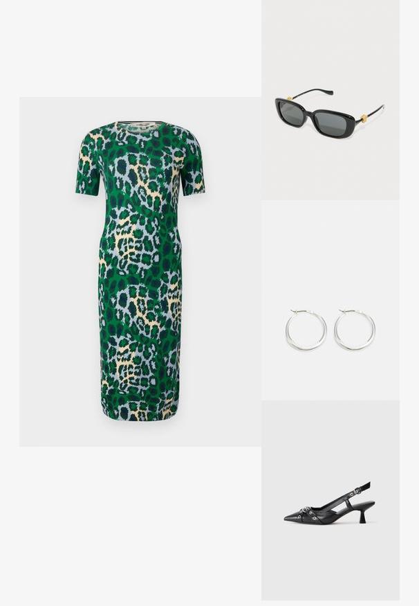 Grünes Kurzarmkleid mit einem Leopardenmuster in Blau-, Beige- und Schwarztönen. Der Stoff wirkt glatt und hat eine taillierte Form.; Schwarzer Leder-Slingback-Schuh mit spitz zulaufender Zehenpartie, dekorativen Riemen mit METALLÖSEN und niedrigem Blockabsatz. Strukturelle Oberfläche.; Schwarze rechteckige Sonnenbrillen mit grauen Gläsern und goldenen Löwenkopf-Details an den Bügeln. Glatter Kunststoffrahmen, elegantes Design.; Silberne Creolen zeichnen sich durch ein glattes, rundes Design mit einem schlanken Profil und einem sicheren Verschluss aus. Minimalistischer Stil mit glänzender Oberfläche.