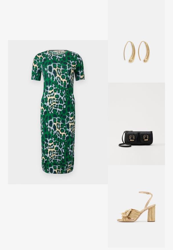 Lühikeste varrukatega roheline kleit, millel on leopardimuster sinistes, beežides ja mustades toonides. Kanga pind näib siledana ja kleit on vormilt hästi istuv.; Kuldsete kontsadega sandaalid, mille esiosas on sõlm, pleatitud tekstuur ja pahkluu rihm. Tootel on plokknokk, millel on sooneline disain, mis parandab haarduvust.; Must küllastamata nahast õlakott, millel on kaks esist nähtavat taskut, kuldsed pandlad, tõmblukuga sulgemine ja peen rihm. Tekstuuriga pind ja kompaktne ristkülikukujuline kuju.; Kuldtoonilised metallist rõngas kõrvarõngad, millel on kõver ja piklik kuju. Omavad siledat, läikivat pinda ja ümarat tipptugevdust, mis lisab detaili.