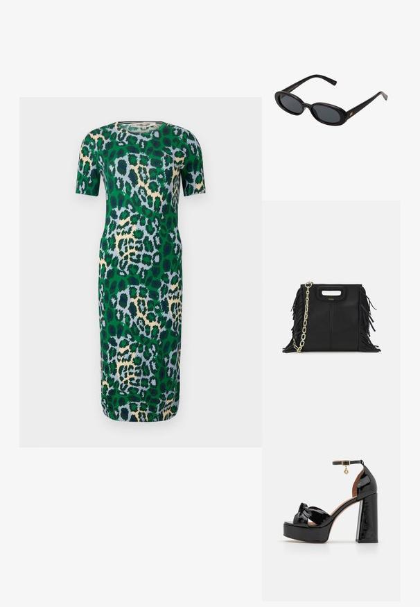 Kortærmet grøn kjole med leopardmønster i nuancer af blå, beige og sort. Stoffet ser glat ud med en tætsiddende pasform.; Maje Højhælede sandaletter / Højhælede sandaler - noir; Store store; Sort læder skuldertaske med frynse-detaljer, guldkæde skulderrem og udskåret håndtag. Har logo placeret på forsiden.