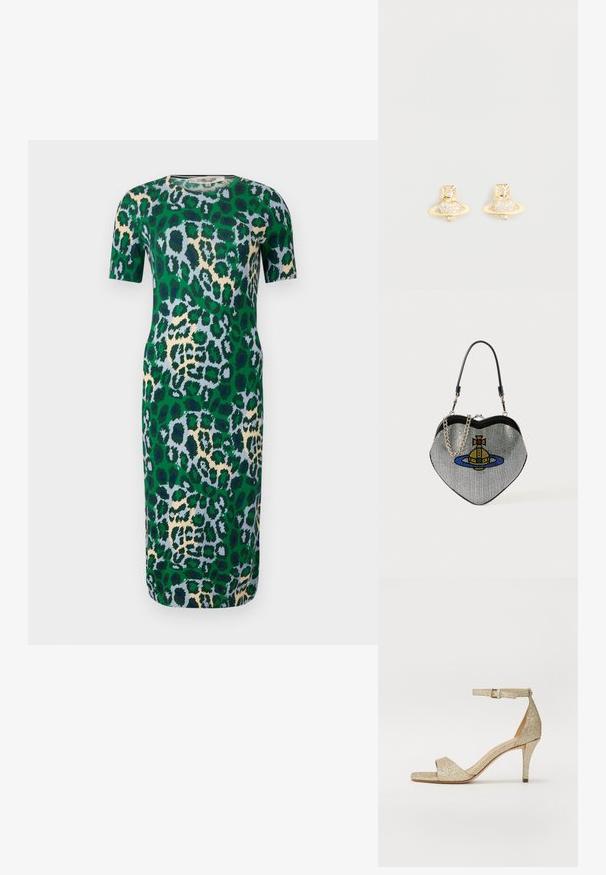 Vestido verde de manga curta com um padrão de estampa de leopardo em tons de azul, bege e preto. O tecido parece suave e tem um formato ajustado.; Sandal de salto alto dourado com brilhantes, com tira no tornozelo, bico aberto e frente em forma quadrada. Apresenta um saltinho fino e afunilado para elevação.; Bolsa em forma de coração feita de rede com um acabamento metálico, apresentando um design de gato e planeta em azul, amarelo e vermelho. Inclui uma alça em corrente.; Brincos de estudo em tom dourado com um design de Saturno, apresentando uma banda texturizada e cristais circulares embutidos para um toque extra de brilho.