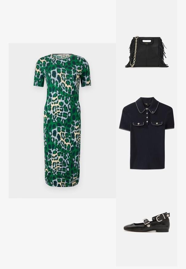 Rövid ujjú zöld ruha, amelyek leopárdmintás kék, bézs és fekete árnyalatokban. Az anyag simának tűnik, és testhez simuló fazonú.; Sötétkék bordázott póló, hegyes gallérral, rövid ujjakkal és két elülső zsebbel, amelyek patentgombokkal záródnak; fehér varrási díszítésekkel kiemelve.; Fekete lakkbőr lapos cipő négyzet alakú orral, ezüst hardware-rel ellátott bokapánttal és lapos talppal. Simaságával és minimalista dizájnjával kiemelkedő.; Fekete bőr kézitáska, frufrus részletekkel, arany láncos vállpánttal és kivágott fogantyúval. Az elülső részen logó található.