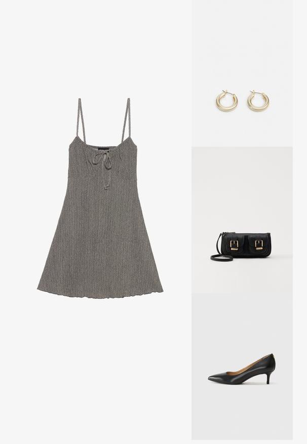 Siva pletena obleka z nastavljivimi samostojnimi naramnicami, zgrnjeno dekoltejem, detajlom s vezi in razširjenim robom. Tekstura tkanine z rahlo vzorcem.; Črne usnjene črpalke s koničastim nosom, nizko peto in gladko teksturo. Imajo rahlo odprtino spredaj in minimalno opremo zadaj.; Črna usnjena torbica čez ramo z dvema sprednjima žepoma, zlatimi zaponkami, zadrgo in ozkim pasom. Tekstura površine je strukturirana, obliko pa ima kompaktno pravokotno.; Lauren Ralph Lauren BASIC SMALL HOOP - Uhani - gold-coloured