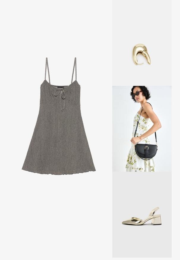 Rochie tricotată gri cu bretele ajustabile, decolteu strâns, detalii cu cordon și tiv evazat. Material texturat cu un model subtil.; Pantofi cu toc slingback metalici aurii, cu vârf ascuțit și toc chunky. Textură netedă, design minimalist și o curea subțire.; Geantă din piele neagră, cu o formă curbată, curea detașabilă și accesorii aurii. Geanta are un capac cu un detaliu tip cataramă.; Cercei din metal de culoare aurie cu un design elegant și curbat. Prezintă o formă distinctivă, ascuțită, o suprafață lustruită și un sistem de închidere cu balama.