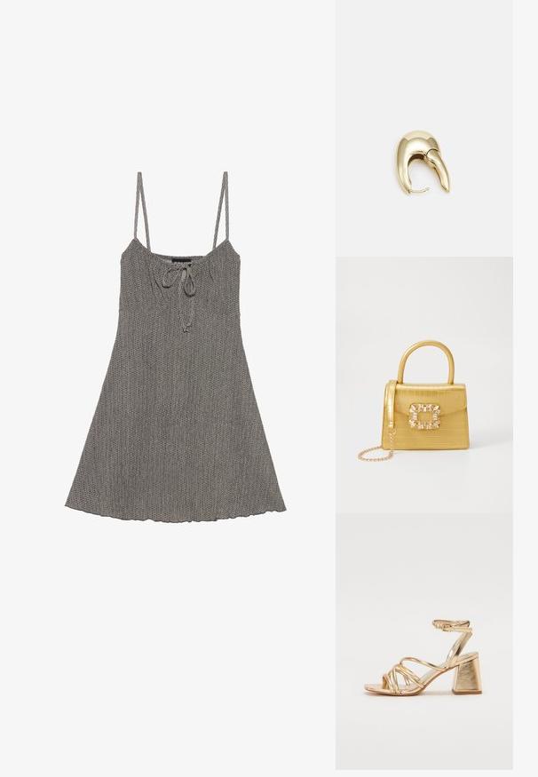 Hallide kootud kleit, millel on reguleeritavad õhkribad, voltidega kaelus, nööriga detail ja laienev äär. Tekstureeritud kangas peene mustriga.; Kuldne metallik kontsandaalid, millel on rihmadega disain, ruudukujuline plokkkonts ja reguleeritav pahkluu rihm klambriga. Sile tekstuur.; Kollane faux-krokodilli käsipindaga kott, millel on struktureeritud disain, ülemine käepide, eemaldatav kettmass ja dekoratiivne kristallkaunistus klambril.; Kuldtooni metallist kõrvarõngas, millel on elegantne ja kaarjas disain. Omab silmapaistvat teravat kuju, poleeritud pinda ja hingesulgemist.