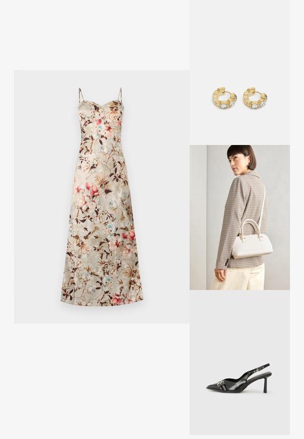 Vestido maxi floral em tecido de cetim. Apresenta um fundo bege com flores cor-de-rosa e azuis, alças finas e um corpete justo.; Sapato slingback preto em pele patentada com bico apontado, tiras no tornozelo apresentando fivelas e acessórios prateados, e um salto elegante.; Bolsa estruturada branca com alças curtas e uma alça de ombro, com detalhes em hardware dourado e material texturizado, exibida contra um fundo cinza.; Brincos de argola dourados com um design texturizado e três cristais transparentes em um lado, oferecendo uma estética geométrica moderna.