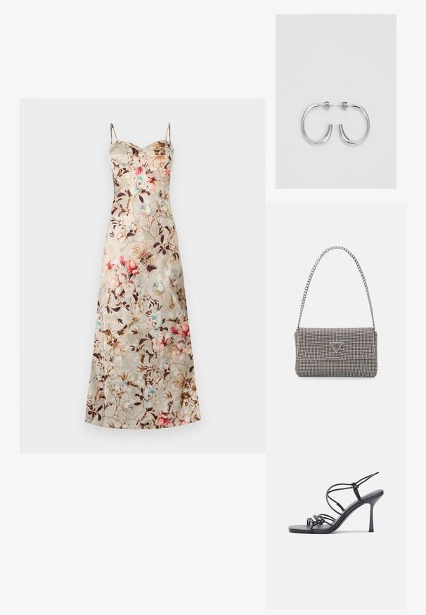 Ziedu maxi kleita no satīna auduma. Izzīmēta ar bēšainu fonu un rozā un zilām ziedu norisēm, ar plānām lencēm un pieguļošu krūšu daļu.; Melnas augstpapēžu sandales ar plāniem siksniņām un mezgla dizainu, gluda kvadrātveida purngalu un elegantu stiletto papēdi.; Gaiši pelēka metāla rokassoma ar ķēdes siksnu, rotāta ar mazām apaļām metāla kniedēm un trīsstūra zīmola logo.; Sudraba stīpas auskari ar gludu, spīdīgu virsmu, izceļas ar izliektaveida formu un aizdari ar tapu. Minimālistisks dizains ar mūsdienīgu apdari.