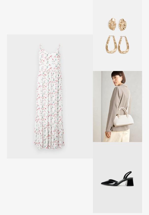 Vestido maxi floral com alças finas, tecido branco com flores rosas e azuis, e uma bainha em camadas e com babados. Material de algodão leve.; Sandy em verniz preto com salto slingback, ponta afilada e salto geométrico. Apresenta um design elegante e minimalista com textura suave.; Bolsa estruturada branca com alças curtas e uma alça de ombro, com detalhes em hardware dourado e material texturizado, exibida contra um fundo cinza.; Brincos em tom de ouro com formas onduladas e texturizadas. Inclui studs escultóricos com presilha e um design de argola aberta com um acabamento martelado.