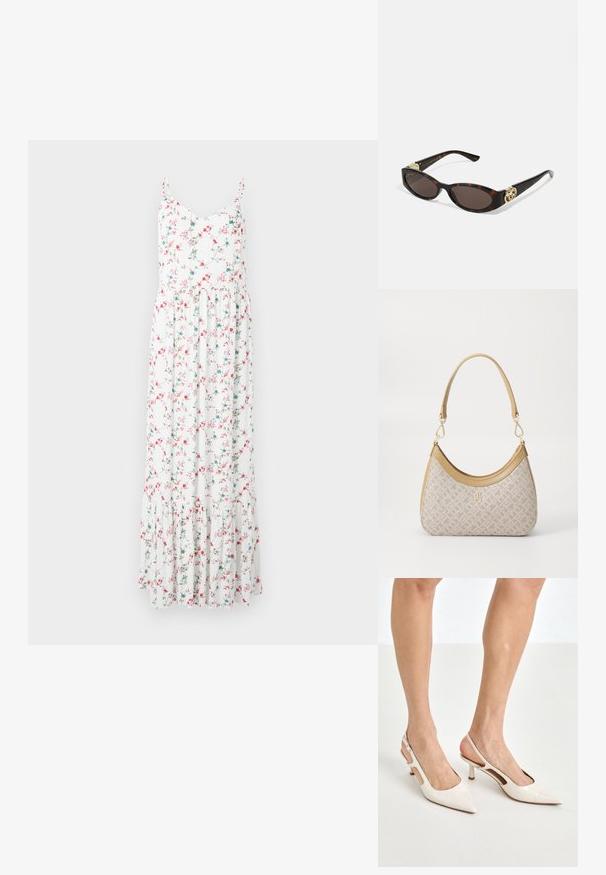 Maxikleid mit dünnen Trägern, weißem Stoff, der mit rosa und blauen Blumen bedruckt ist, und einem gestuften Rüschensaum. Leichtes Baumwollmaterial.; Beige Lackleder Slingback-Absätze mit spitzem Fuß und 5 cm Absatz, mit ausgeschnittenen Seiten und einem schmalen Knöchelriemen.; Schildpatt-Sonnenbrille mit länglich-ovalen Gläsern, braunem Farbton, goldenen Logo-Akzenten an den Bügeln und schlanken schwarzen Bügeln.; Beige gemusterte Handtasche mit geschwungener Form, Lederakzenten und einem goldfarbenen Logo auf der Vorderseite. Verfügt über einen kurzen Griff für einfaches Tragen.