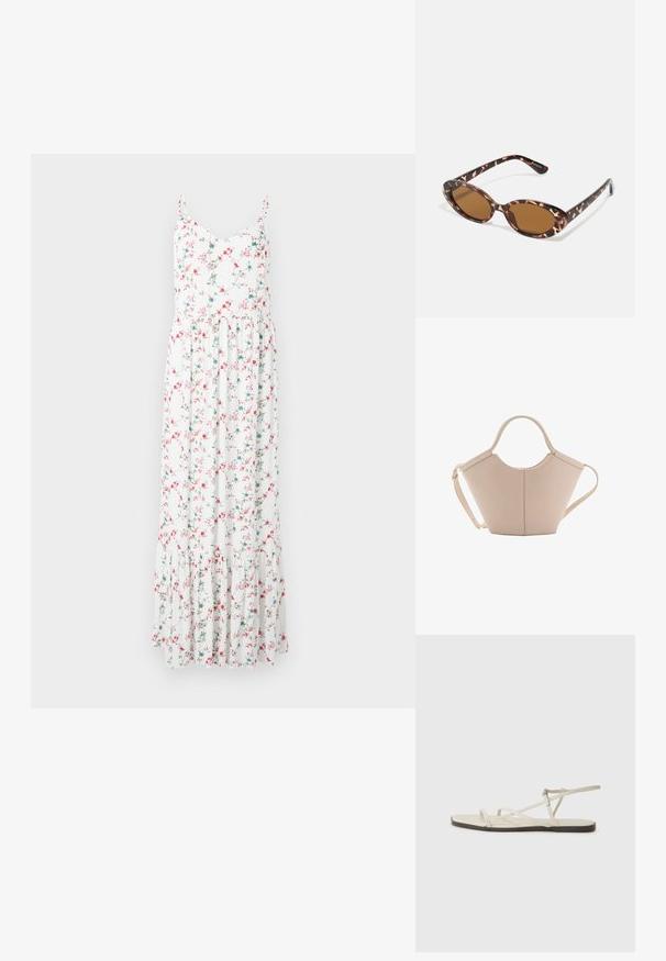 Rochie maxi florală cu bretele subțiri, din material alb cu flori roz și albastre și un tiv cu volane stratificate. Material din bumbac ușor.; Sandalie plate bej cu multiple bretele subțiri și o cataramă ajustabilă. Talpa este plată, cu un ușor contrast întunecat la margine.; Ochelari de soare cu mâneri tortoise, cu lentile ovale, cu nuanță maro, brațe subțiri ce au un model texturat, cadru din plastic ușor.; Geantă de mână bej din piele cu o formă unică, dotată cu două mânere scurte și o curea lungă ajustabilă. Textură netedă, cu hardware minim.