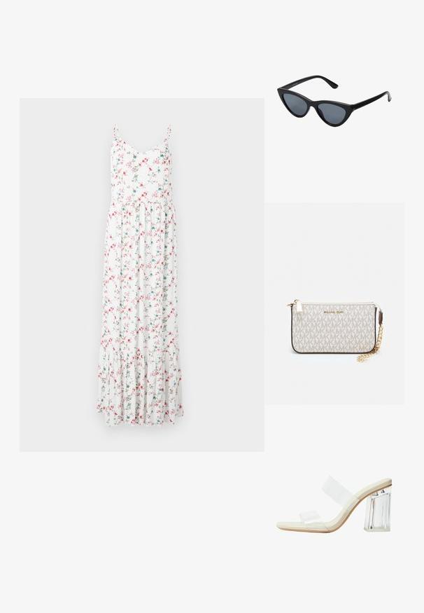 Kvetinové maxi šaty s tenkými ramienkami, bielej farby s ružovými a modrými kvetmi a volánovým riasením na spodnom okraji. Ľahký bavlnený materiál.; Sandále s priehľadnými podpätkami majú priehľadné popruhy, béžovú stielku a masívny priehľadný blokový podpätok. Elegantný a hladký dizajn s minimalistickou estetikou.; Čierne slnečné okuliare v štýle mačacích očí s tmavošedými sklami, elegantným plastovým rámom, špicatými rohmi a rovnými stranami. Bez viditeľného hardvéru alebo akcentov.; Michael Kors zápästná taška v béžovej potiahnutej plátenej tkanine s opakujúcim sa vzorom loga MK, zlatým kovania a odnímateľným reťazovým popruhom.