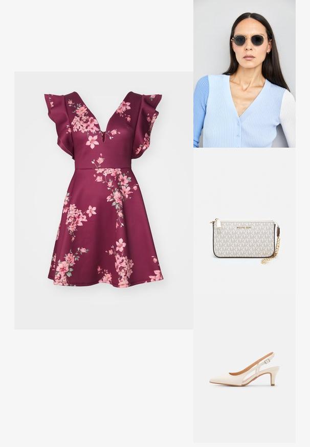 Bordo suknelė su giliu V-formos iškirpimu ir plazdančiomis rankovėmis, puošta gėlių raštu švelniuose rožiniuose ir žaliuose atspalviuose, pagaminta iš lygaus audinio.; Balti slingback kulniukai su smailiu pirštu, lygia viršutine medžiaga, žemu blokuotu kulnu ir šoniniu išpjovimu su reguliuojamu sagtimi.; Apskriti saulės akiniai su tamsiais objektyvais ir auksiniais rėmeliais. Modelis vilki šviesiai mėlyną, raukinį kardiganą su mygtukais ir kontrastingomis baltomis rankovėmis.; Michael Kors rankinė smėlio spalvos dengto kanvoje su pakartotiniu MK logotipo raštu, auksinėmis detalėmis ir nuimamu grandininiu dirželiu.