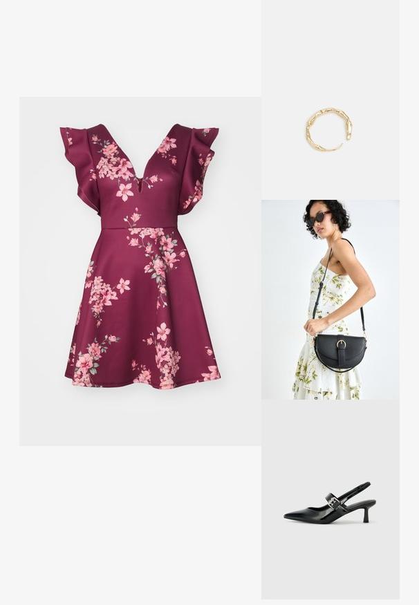 Bordo haljina s dubokim V-izrezom i lepršavim rukavima, ukrašena cvjetnim uzorkom u blagim ružičastim i zelenim tonovima, izrađena od glatkog materijala.; Crne lakirane slingback potpetice s oštrim prstom i malom blok petom, s naglaskom na srebrnoj kopči na remenu.; Crna kožna torba s lukovitim oblikom, odvojivim remenom i zlatnim detaljima. Torba ima preklop s kopčom.; Prsten u zlatnoj nijansi s organskim, uvijenim dizajnom, glatkom teksturom i suženim krajevima, koji stvara moderan, skulpturalni izgled.