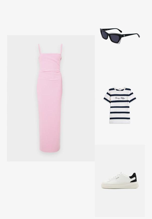 Rochie maxi roz, ajustată, cu bretele subțiri, având un design plisat la talie. Textură netedă, stil minimalist, fără modele vizibile.; Tricou din bumbac cu dungi orizontale bleumarin pe un fundal alb. "Tommy Hilfiger" brodat în stil cursiv pe piept. Decolteu rotund.; Adidași din piele albă cu o talpă groasă albă, accent de călcâi din suede negru și logo embosat pe lateral. Design cu șireturi și șase orificii.; Ochelari de soare supradimensionați, negri, cu o formă geometrică, având lentile întunecate și un detaliu gri contrastant pe ramă. Logo pe braț.
