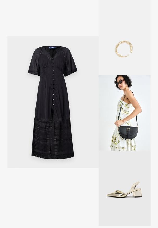 Abito maxi nero con maniche corte, chiusura con bottoni sul davanti e livelli testurizzati. Realizzato in tessuto leggero con dettagli in pizzo sull'orlo.; Tacchi slingback metallici color oro con punta appuntita e tacco grosso. Texture liscia, design minimalista e una cinghia stretta.; Borsa a tracolla nera in pelle con una forma curva, manico rimovibile e accessori dorati. La borsa presenta una patta con un dettaglio a fibbia.; Anello in tono oro con un design organico e Twisted, caratterizzato da una superficie liscia e punte affusolate, che crea un aspetto moderno e scultoreo.