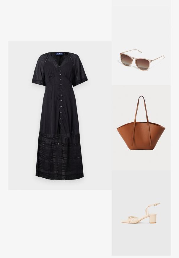Schwarzes Maxikleid mit kurzen Ärmeln, durchgehender Knopfverschluss und strukturierten Volants. Hergestellt aus leichtem Stoff mit Spitzenakzenten am Saum.; Beige Riemensandalette mit quadratischer Zehenpartie, gedrehtem Vorderdesign, Knöchelriemen und Blockabsatz. Glatte Textur, minimalistischer Stil.; Braune Farbverlauf-Sonnenbrille mit einem durchscheinenden rosa Rahmen, quadratischer Form und dünnen Metallbügeln. Verfügt über abgerundete Kanten und minimale Details.; Braune Leder-Tote mit einer breiten, strukturierten Form, dünnen Griffen und einer strukturierten Oberfläche. Bietet ein minimalistisches Design ohne sichtbare Beschläge.