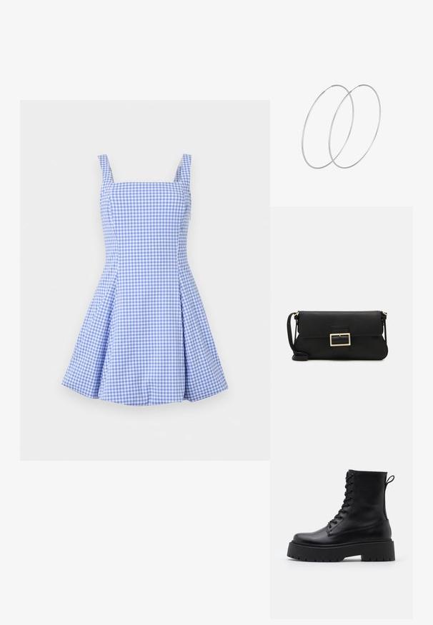 Blau-weißes Vichykaro-Kleid mit Quadrat-Ausschnitt, dünnen Trägern und plissiertem Rock. Hergestellt aus leichtem Stoff, mit einem enganliegenden Oberteil.; Schwarze Lederstiefeletten mit runder Zehenpartie, Schnürung vorne und einer dicken Gummisohle mit strukturiertem Profil. Mit Zugschlaufe an der Rückseite.; Schwarze Leder-Clutch mit Klappe und goldfarbenem Metallschnallen-Detail. Enthält einen schwarzen Riemen und ein schlankes, minimalistisches Design.; Silberne Creolen mit minimalistischem Design. Rundform, glatte Oberfläche und dünnes Profil. Leichtgewichtig mit hochglänzender Oberfläche.