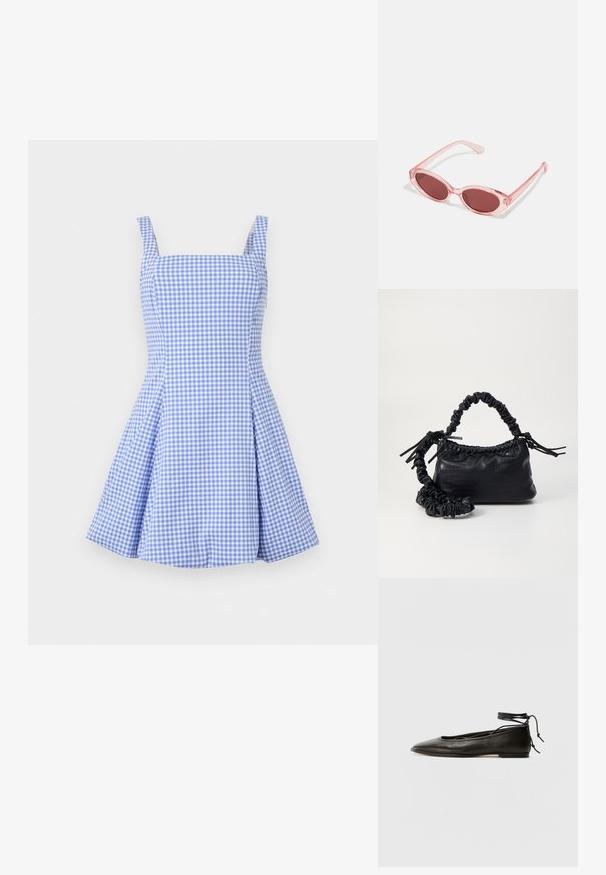 Blau-weißes Vichykaro-Kleid mit Quadrat-Ausschnitt, dünnen Trägern und plissiertem Rock. Hergestellt aus leichtem Stoff, mit einem enganliegenden Oberteil.; Schwarze Leder-Ballerinas mit spitzem Zehenbereich, Knöchelband und flacher Sohle, die eine glatte Textur und ein minimalistisches Design aufweisen.; Pink transparente Sonnenbrille mit ovalen Gläsern, dunkler roter Tönung und schlanken Bügeln, ausgestattet mit einer glatten Oberfläche und dezenten Details am Rahmen.; Schwarze Handtasche aus Kunstleder mit Krokodilstruktur, gerafftem oberen Teil und einem geschoppten Tragegurt. Sie wirkt weich und kompakt im Design.