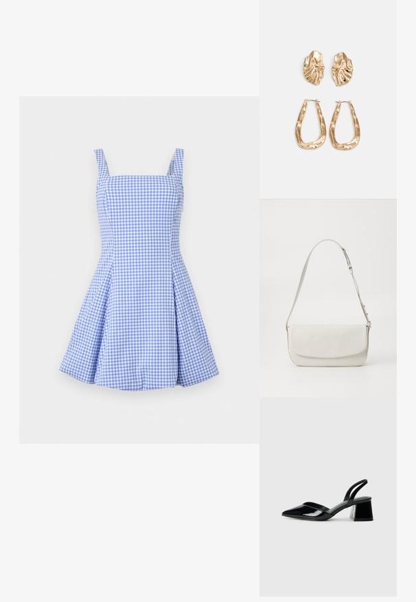 Robe à carreaux bleus et blancs avec un décolleté carré, des bretelles fines et une jupe plissée. Fabriquée en tissu léger, elle présente un corsage ajusté.; Escarpins en cuir verni noir avec bout pointu et talon bloc géométrique. Présente un design élégant et minimaliste ainsi qu'une texture lisse.; Sac à épaule en cuir blanc avec une finition lisse, de forme rectangulaire, fermeture à rabat et une bandoulière réglable. Détails de couture simples.; Boucles d'oreilles dorées présentant des formes texturées et ondulées. Comprend des clips sculpturaux et un design de créoles ouvertes avec une finition martelée.