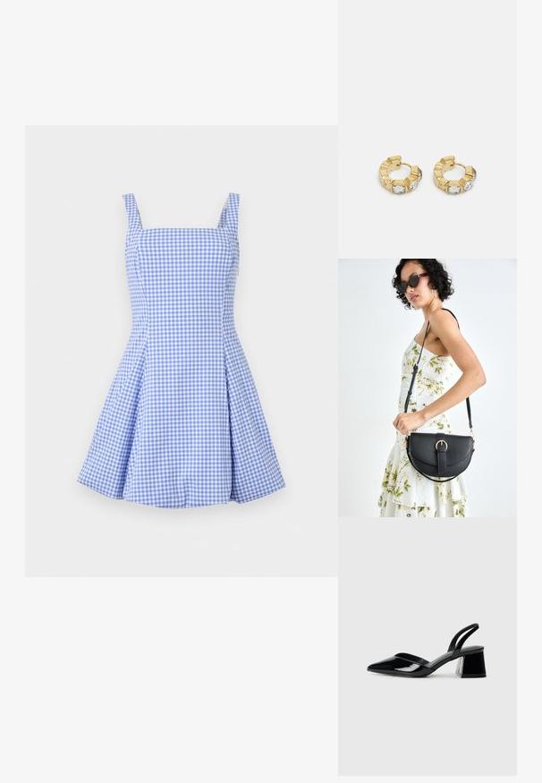 Rochie în carouri albastre și albe, cu decolteu pătrat, bretele subțiri și fustă pliată. Fabricată dintr-un material ușor, având un corset ajustat.; Pantofi cu toc slingback din piele lacuită neagră, cu vârf ascuțit și toc geometric. Prezintă un design elegant, minimalist și o textură netedă.; Geantă din piele neagră, cu o formă curbată, curea detașabilă și accesorii aurii. Geanta are un capac cu un detaliu tip cataramă.; Cercei din aur în stil cerc cu un design texturat, având trei accente de cristal transparent pe o parte, oferind o estetică geometrică modernă.
