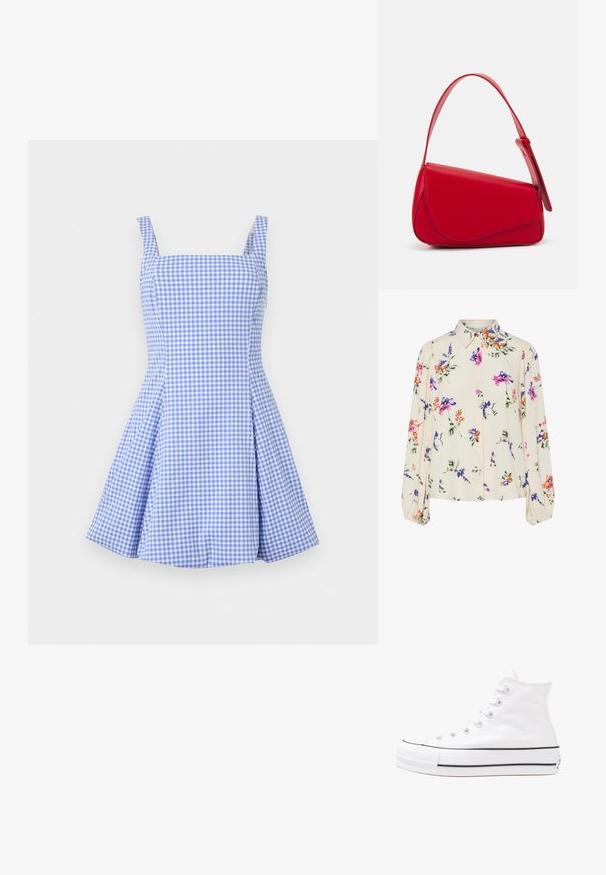 Blau-weißes Vichykaro-Kleid mit Quadrat-Ausschnitt, dünnen Trägern und plissiertem Rock. Hergestellt aus leichtem Stoff, mit einem enganliegenden Oberteil.; Blumenbluse mit langen Puffärmeln, hellcremefarbenem Grund, mit lila, orangefarbenen und grünen Blumenmustern sowie klassischem Kragen.; Weiße hochwertige Leinensneaker mit schwarzer Gummisohle, vorderem Gummizehenschutz und sechs Ösen für Schnürsenkel, die ein sauberes, minimalistisches Design aufweisen.; Rote Lederhandtasche mit einem kantigen, geometrischen Design. Verfügt über einen verstellbaren Schulterriemen und einen Klappenverschluss mit genähten Details.