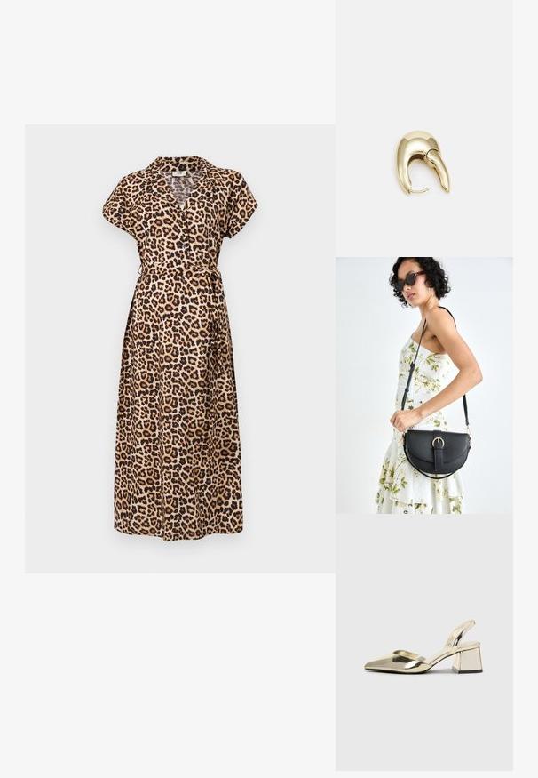 Rochie maxi cu imprimeu leopard, cu guler, mâneci scurte și talie cu curea. Materialul are o textură netedă și moale.; Pantofi cu toc slingback metalici aurii, cu vârf ascuțit și toc chunky. Textură netedă, design minimalist și o curea subțire.; Geantă din piele neagră, cu o formă curbată, curea detașabilă și accesorii aurii. Geanta are un capac cu un detaliu tip cataramă.; Cercei din metal de culoare aurie cu un design elegant și curbat. Prezintă o formă distinctivă, ascuțită, o suprafață lustruită și un sistem de închidere cu balama.
