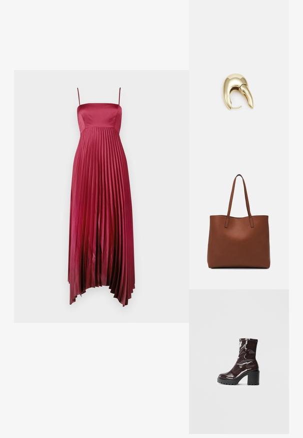 Ráncokkal díszített, mély burgundi selyem maxi ruha vékony pántokkal, testhez simuló felsőrész és sima textúrájú, áramló szoknya jellemzi.; Fényes bordó bokacsizma vastag fekete sarokkal, sima felülettel és egyszerű dizájnnal. Nincsenek látható zárak vagy minták.; Barna bőr vászontáska sima textúrával, nyitott tetejű dizájnnal és két vállpánttal. Minimális varrással és látható hardver nélkül készült.; Aranyszínű fém fülbevaló, elegáns, ívelt formával. Különleges hegyes alak, fényes felszín és zsanéros záródás jellemzi.