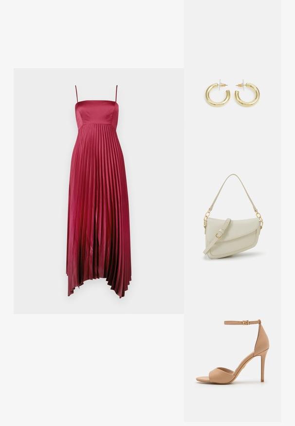 Rochie maxi plisată din satin de un burgund adânc, cu bretele subțiri, având un corset ajustat și o fustă fluidă cu o textură fină.; ALDO CRERIDE PILLOW WALK - Sandale - beige; Geantă mică de crem cu un finisaj texturat, curea lungă și ajustabilă, accent cu lanț și închidere cu clapetă. Detalii din hardware aurie.; Cercei cercuri din aur cu un finisaj neted și strălucitor. Design circular cu un mic suport și un spate transparent pentru o purtare sigură.