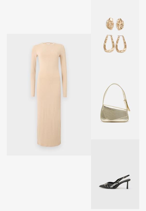 Vestido de manga larga, ajustado al cuerpo, en suave tela beige. Cuenta con un escote redondeado y llega hasta los tobillos, ofreciendo un diseño suave y minimalista.; Zapato de charol negro tipo slingback con punta afilada, correas al tobillo con hebillas y herrajes de plata, y un tacón delgado.; Bolso de mano metálico dorado con un diseño estructurado, textura suave y correa ajustable. Presenta una forma triangular única y un cosido minimalista.; Pendientes en tono dorado que presentan formas texturizadas y onduladas. Incluyen aros de clip esculturales y un diseño de aro abierto con un acabado martillado.