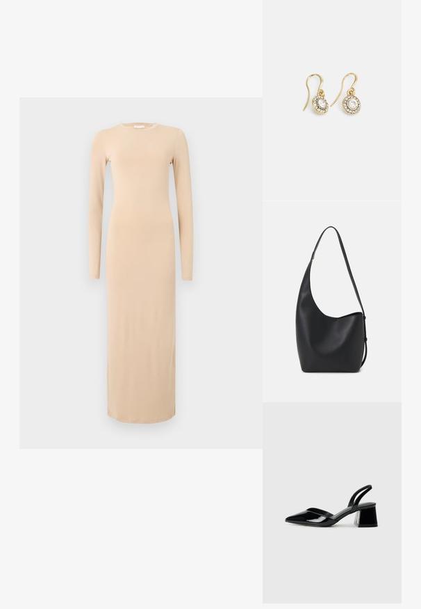 Langærmet, tætsiddende kjole i blødt beige stof. Har en rund halsudskæring og når anklerne, hvilket giver et glat, minimalistisk design.; Sorte patentlæder slingback hæle med spids tå og en geometrisk blok hæl. Har et elegant, minimalistisk design og en glat tekstur.; Sort læder hobo taske med en glat overflade, buet form og en enkelt justerbar rem; har en bred åbning øverst.; Guldtonede øreringe med ovalformede klare krystaller omgivet af mindre klare sten, med et krogdesign for sikker bæring.