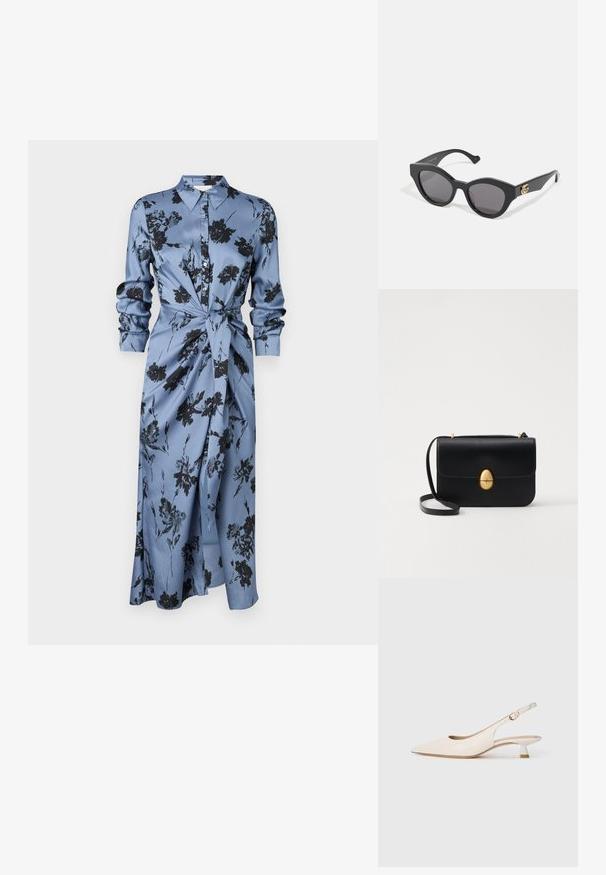 Cinq à Sept COOL CARNATION JACEY DRESS - Kasdienė suknelė - rustic blue; Grietos spalvos smailianosiai slingback bateliai su žemu kitten kulnu ir auksine sagtimi ant vienodo balto fono.; Juodos saulės akinių su kampuota katės akies forma, turinčiais tamsius lęšius. Auksinis logotipo akcentas ant šventyklių. Lygus plastiko rėmas.; Juodas odinis rankinukas su struktūrine stačiakampio forma. Yra auksinė ovali sagtis ir plona petneša. Glotni tekstūra.