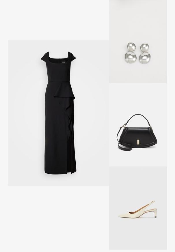 Čierne večerné šaty s hranatým výstrihom, krátkymi rukávmi a kaskádovým volánom na sukni. Vyrobené z hladkej, štruktúrovanej látky.; Lodičková obuv so špicatou špičkou v béžovej kože, s nízkym opätkom a vykrojeným dizajnom, hladkou textúrou a minimálnymi akcentmi.; Čierna kožená kabelka so štruktúrovaným dizajnom, s krátkym tvarom, hornou rúčkou a zlatými prvkami. Súčasťou je nastaviteľný ramenný popruh.; Strieborné kovové náušnice s oble zaoblenými tvarmi, s lešteným povrchom a jemnými rytinami značky "BOSS" na dolnej časti.