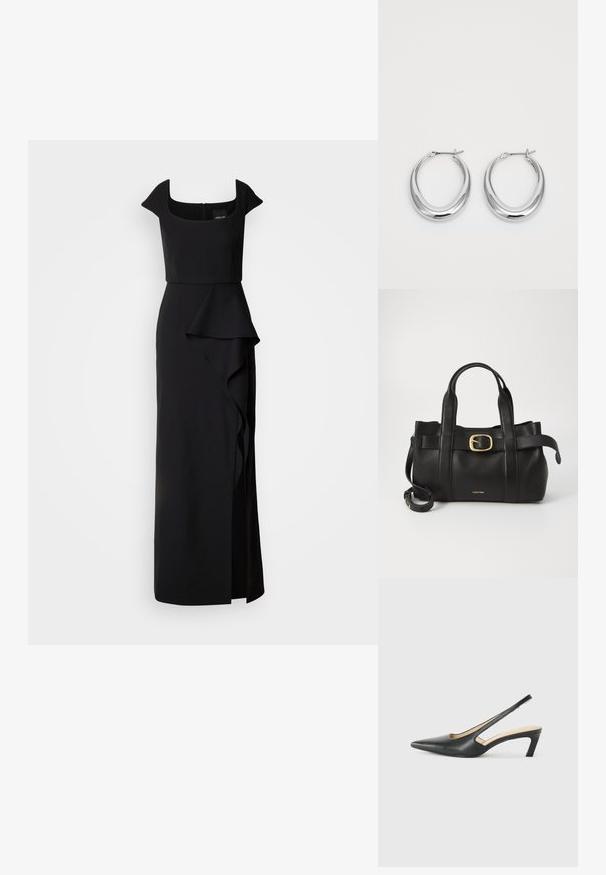 Black evening gown with a square neckline, cap sleeves, and a cascading ruffle detail on the skirt. Made of smooth, structured fabric.; Black pointy-toed slingback shoe with a low heel, featuring smooth leather material and cut-out design on the side for breathability.; Black leather handbag featuring a structured design, dual top handles, gold-tone buckle accent, and embossed brand logo at the front.; Pair of polished silver crescent hoop earrings with hinged clasps on a white background.