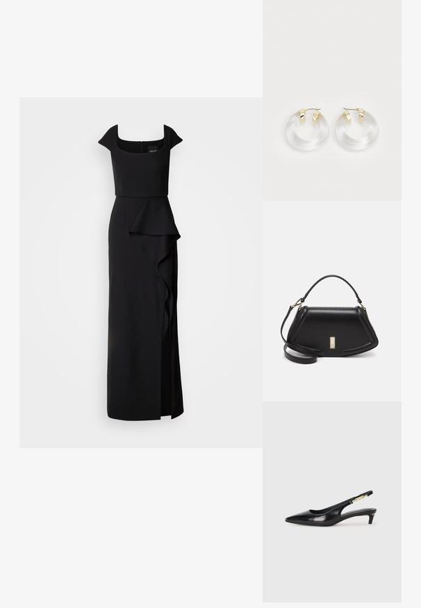 Robe de soirée noire avec un décolleté carré, des manches courtes et un détail de volants en cascade sur la jupe. Fabriquée en tissu lisse et structuré.; Talons hauts en cuir noir avec un bout pointu, dotés d'un talon fin et d'un accent en ton or sur la lanière réglable. Texture lisse.; Sac à main en cuir noir avec un design structuré, featuring une forme cropped, une poignée supérieure et des accents en matériel doré. Bandoulière réglable incluse.; Boucles d'oreilles en acrylique transparent avec des accents en métal doré et une finition polie. Présente un design circulaire lisse.
