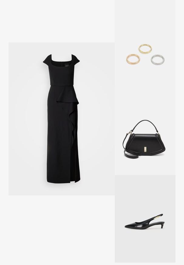 Robe de soirée noire avec un décolleté carré, des manches courtes et un détail de volants en cascade sur la jupe. Fabriquée en tissu lisse et structuré.; Talons hauts en cuir noir avec un bout pointu, dotés d'un talon fin et d'un accent en ton or sur la lanière réglable. Texture lisse.; Sac à main en cuir noir avec un design structuré, featuring une forme cropped, une poignée supérieure et des accents en matériel doré. Bandoulière réglable incluse.; Trois anneaux en métal : un en or rose, un en or avec des accents texturés, et un en argent, tous avec une gravure de marque à l'intérieur de la bande.