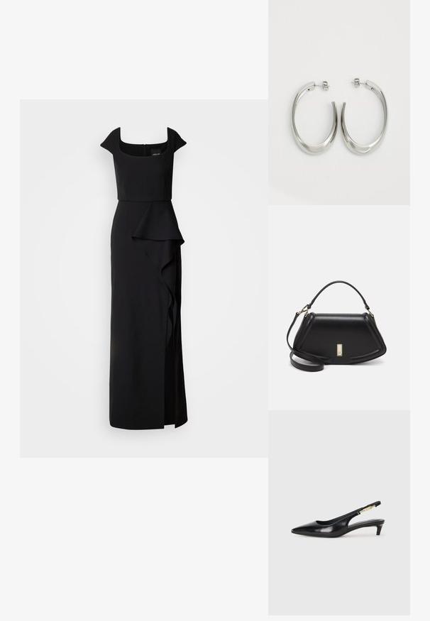 Musta iltapuku, jossa on neliömäinen pääntie, hihat ja laskostettu röyhelö yksityiskohta hameessa. Valmistettu sileästä, jämäkästä kankaasta.; Mustat nahkaiset slingback-korkokengät, joissa on terävä kärki, ohuet korot ja kultasävytteinen yksityiskohta säädettävässä hihnassa. Silkkinen pinta.; Mustalla nahkalaukulla, jossa on jämäkkä muotoilu, lyhyt malli, yläkahva ja kultaiset yksityiskohdat. Säädettävä olkahihna sisältyy.; Hope hopeista, joissa on sileä, kaareva muotoilu. Varustettu kiiltävällä metallipinnoitteella ja nappikiinnityksellä. Ei näkyviä kuvioita tai koristeluja.
