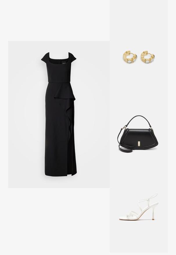 Zwarte avondjurk met een vierkante halslijn, kapmouwen en een vallende ruchesdetail op de rok. Gemaakt van soepele, gestructureerde stof.; Witte strappy hoge hak sandaal met een platte tenenbasis, gestructureerde voorkant met geplooide accenten, en een slanke enkelband.; Zwarte leren handtas met een gestructureerd ontwerp, featuring een verkorte vorm, bovenhandvat en gouden hardwareaccent. Inclusief verstelbare schouderband.; Gouden creolen met een getextureerd ontwerp en drie heldere kristalaccenten aan één zijde, wat een moderne geometrische esthetiek biedt.