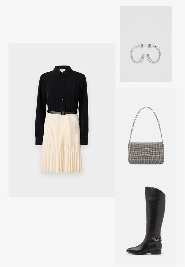 Bluză neagră cu nasturi, cu mâneci lungi, combinată cu o fustă plisată de culoare crem. Prezintă o curea subțire neagră la talie. Textură de material neted.; Cizme negre din piele înalte, cu un design elegant, vârf ascuțit și un accent de lanț auriu la gleznă. Toc mic în formă de bloc. Textură netedă.; Geantă metalică gri deschis, cu un strap din lanț, decorată cu mici ținte circulare metalice și un logo de marcă triangular.; Cercei rotunzi din argint cu un finisaj neted și strălucitor. Design ușor, având o formă rotundă și închidere cu tijă.