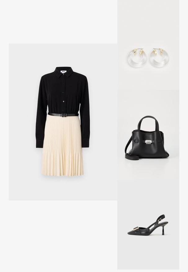 Bluză neagră cu nasturi, cu mâneci lungi, combinată cu o fustă plisată de culoare crem. Prezintă o curea subțire neagră la talie. Textură de material neted.; Pantof cu toc slingback din piele neagră, cu vârful ascuțit, toc subțire și accente de hardware în ton de aur pe partea superioară. Textură netedă și design structurat.; Geantă de mână din piele neagră cu o finisare texturată, având două mânere superioare, o curea de umăr detașabilă și un detaliu cu închidere din argint.; Cercei în forma de inel din acrilic transparent, cu accente din metal de culoare aurie și un finisaj lustruit. Au un design circular, neted.