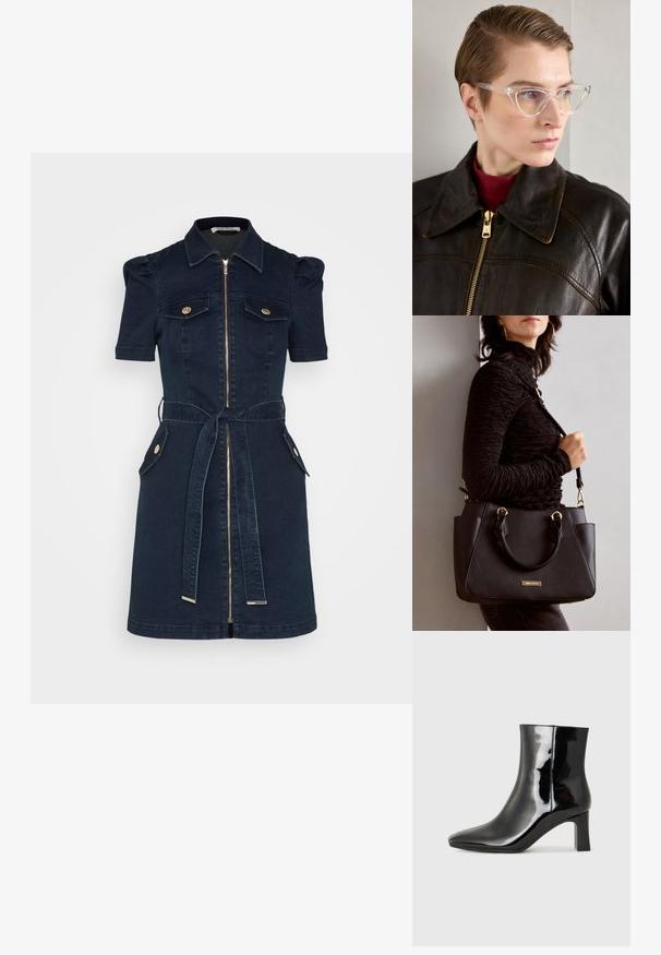 Rochie din denim navy cu mâneci scurte tip puff, fermoar pe față, două buzunare la piept, curea de talie și accente cu nasturi de ton aurii.; Botine negre din piele lacuită, cu vârful ascuțit și toc bloc de înălțime medie. Textură netedă și design minimalist.; Ochelari cat-eye din acetat transparent, cu lentile galbene, purtați de o persoană într-o jachetă din piele neagră și un pulover roșu. Textură netedă.; Geantă de umăr neagră cu suprafață texturată, cu două mânere superioare și curea de umăr ajustabilă. Dispune de accesorii metalice de culoare aurie și buzunare laterale.