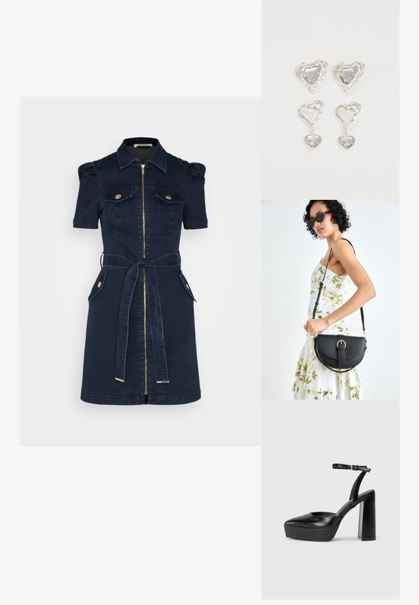 Vestido de ganga azul-marinho com mangas curtas em balão, fecho de correr à frente, dois bolsos no peito, cinto na cintura e detalhes em botões dourados.; Saltos altos pretos com bico fino e atilho ajustável no tornozelo. Confeccionados em couro suave, apresentam um salto bloco robusto.; Bolsa de couro preta com forma curva, alça destacável e detalhes em dourado. A bolsa possui uma aba com detalhe de fivela.; Os brincos em forma de coração prateados apresentam pedras claras facetadas, com uma moldura texturizada. O conjunto inclui estilos de botão e de gota.