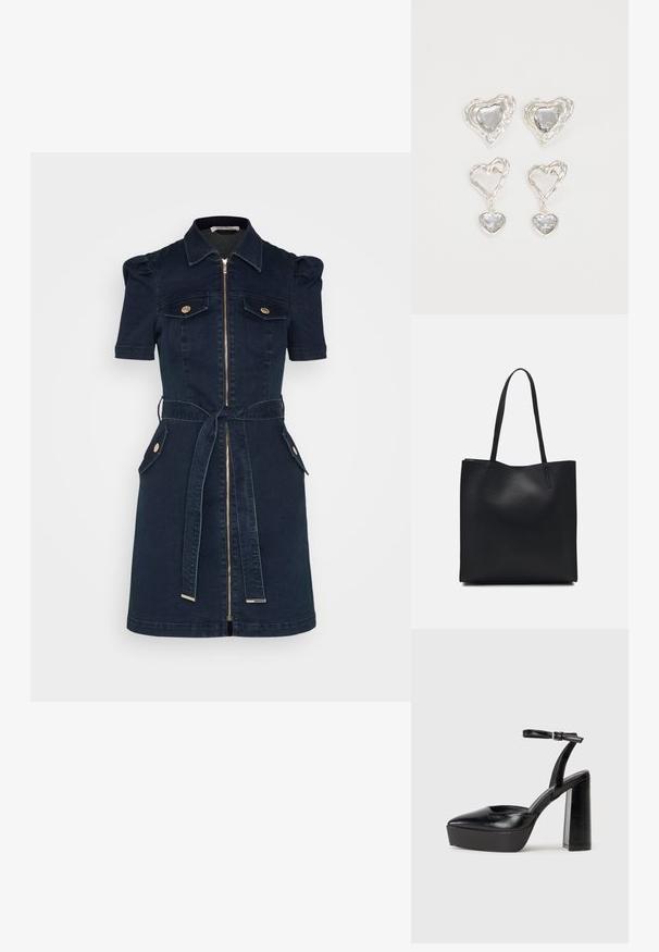 Marineblå denimkjole med korte puffærmer, lynlås foran, to brystlommer, taljebælte og guldfarvede knapdetaljer.; Sorte platformhæle med spidse tæer og justerbar ankelrem. Construeret i glat læder, med en kraftig blokhæl.; Sort læder tote taske med glat tekstur, rektangulær form og to lange hanke. Ingen synlig hardware eller udsmykninger.; Sølvøreringe i hjerteform har facetterede klare sten med en struktureret ramme. Sættet inkluderer både studs og hængende stilarter.
