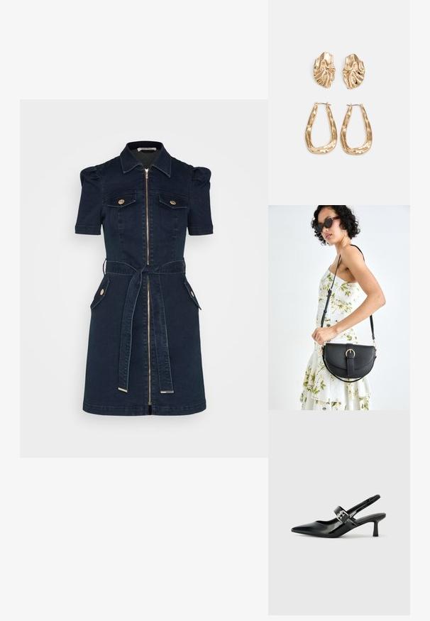 Marineblauwe denim jurk met korte pofmouwen, rits aan de voorkant, twee borstzakken, tailleband en accenten in goudkleurige knopen.; Zwarte gepatineerde leren slingback hakken met een puntige neus en een kleine blokhak, met een zilveren gespaccent op de band.; Zwarte leren handtas met een gebogen vorm, afneembare schouderband en gouden hardware. De tas heeft een klep met een gespsluiting.; Gouden oorbellen met een getextureerd, golvend ontwerp. Bevat sculpturale clip-on studs en een open ringontwerp met een gehamerd oppervlak.