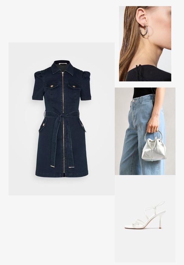 Tumesinine teksakleit lühikeste pufftaskutega, ees lahtine tõmblukk, kaks rinna taskut, puusa sidumisrihm ja kuldse tooni nupud.; Valge rihmadega kõrge kontsaga sandaal, millel on lamedad varbatoed, tekstuuriga esiosa kogutud detailidega ja kitsas pahkluu rihm.; Metallik hõbedane ämbritask, millel on tekstuurne viimistlus, kaunistatud hõbeda ümmarguse käepideme ja tõmbluku sulgemisega, hoituna helesiniste teksade vastu.; Hõbedane rõngas kõrvarõngas poleeritud viimistlusega, millel on väikesed kuldsed aktsendid ja ümmargune kuju, kantud lobus.