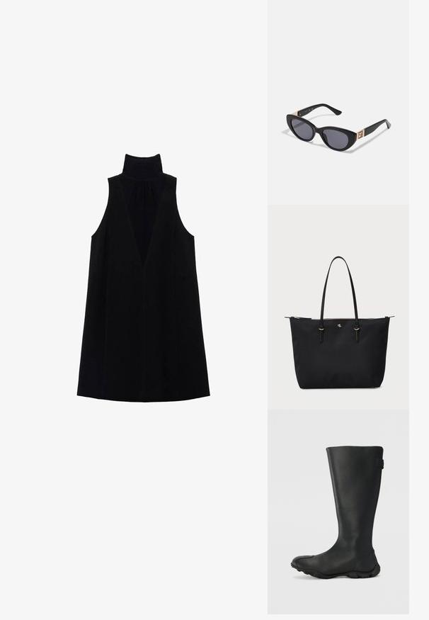 Čierne šatové bezrukávové šaty s vysokým golierom, hlbokým V-výstrihom a hladkou textúrou. Minimalistický dizajn s voľným siluetou.; Čierne nepremokavé kozačky po kolená vyrobené z hladkého materiálu, s okrúhlou špičkou, textúrovanou podrážkou a malým logom na boku.; Guess Slnečné okuliare - shiny black; Čierna taška cez rameno vyrobená z textúrovanej tkaniny, so zdvojenými koženými rúčkami, zlatými kovovými akcentmi a zipsovým uzatváraním.