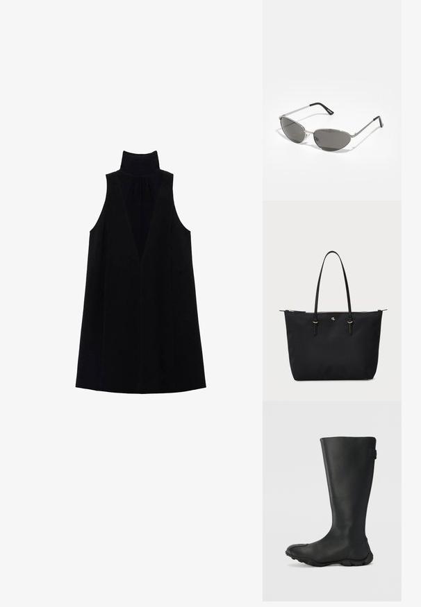 Černé bezramínkové šaty s vysokým límcem, hlubokým V-výstřihem a hladkou texturou. Minimalistický design s volným střihem.; Černé voděodolné vysoké boty až ke kolenům vyrobené z hladkého materiálu, s kulatou špičkou, texturovanou podrážkou a malým logem na boku.; Sluneční brýle s elegantním stříbrným kovovým rámem, šedými tónovanými skly a aerodynamickým designem s ostrými hranami a tenkými nožičkami.; Černá kabelka přes rameno vyrobená z texturované látky, s dvojitými koženými uchy, zlatými kovovými prvky a zipovým uzávěrem.