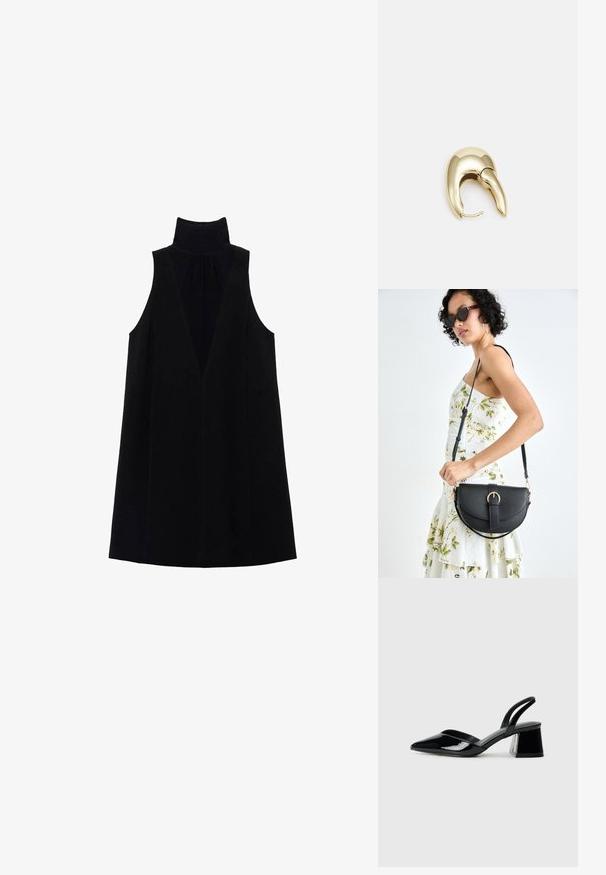 Schwarz ärmelloses Kleid mit hohem Kragen, tiefem V-Ausschnitt und glatter Textur. Minimalistisches Design mit fließender Silhouette.; Schwarze Lackleder-Slingback-High Heels mit spitzem Schuh und einem geometrischen Blockabsatz. Verfügt über ein schlankes, minimalistisches Design und eine glatte Textur.; Schwarze Lederhandtasche mit geschwungener Form, abnehmbarem Tragegurt und goldenen Beschlägen. Die Tasche verfügt über einen Deckel mit einer Schnallen-Details.; Ohrringe aus goldfarbenem Metall mit einem schlanken, geschwungenen Design. Sie verfügen über eine markante, spitze Form, eine polierte Oberfläche und einen Scharnierverschluss.