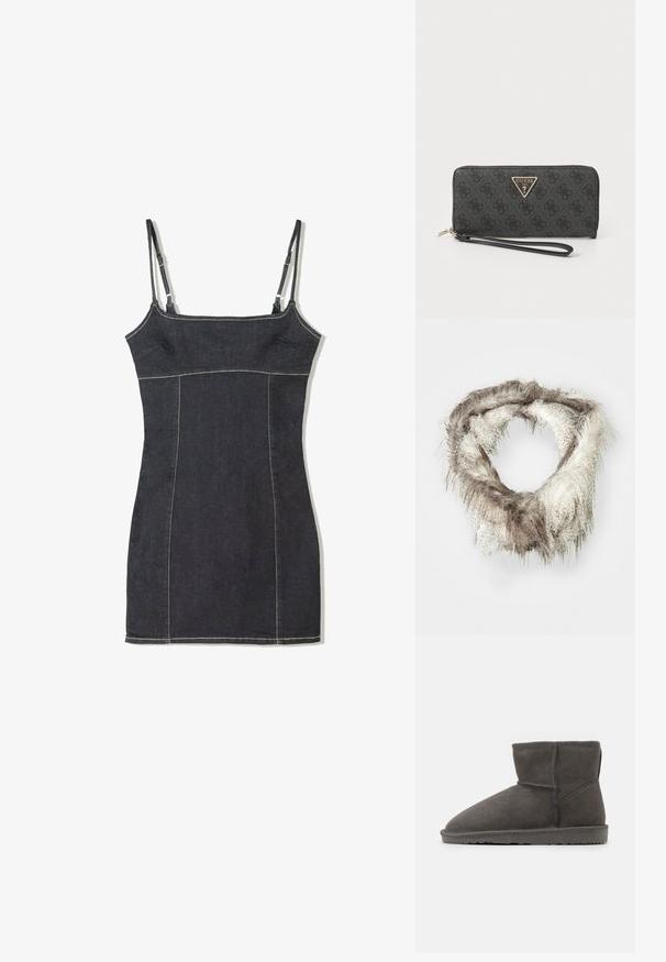 Tummanpesu farkuista valmistettu mekko, jossa on säädettävät spagettiolkaimet, tiukka vartalo-osa ja kontrastiväri beige ommel saumoissa ja reunoissa.; Kunnon keinokuituisesta villasta valmistettu äärettömän pitkä huivi vaaleanruskeana ja kermanvärisenä, jossa on pörröinen rakenne vaihtelevan pituisista karvoista ja ympyrämuoto.; Harmaa mokkasiininen nilkkabooti, jossa on pyöreä kärki ja pehmeä sisäpinta. Varusteena on litteä kumipohja ja minimaaliset koristeompeleet.; Musta lompakko, joka on valmistettu synteettisestä materiaalista, jossa on teksturoitu pinta. Lompakossa on kultainen kolmion logo ja vetoketjukiinnitys, jossa on rannekkeellinen hihna.