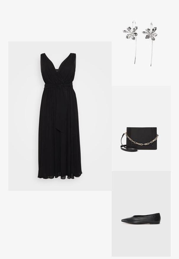 Rochie maxi neagră, fără mâneci, cu decolteu adânc în V, talie strânsă și curea legată. Fabricată dintr-un material fluid, cu o textură moale.; Balerini din piele neagră, vârf ascuțit, design minimalist, textură netedă, toc de mică înălțime, fără hardware sau embellishments vizibile.; Geantă de umăr din piele neagră, cu o textură netedă, formă rectangulară și un detaliu din lanț metalic în față. Include curea reglabilă.; Cercei argintii în formă de floare cu un finisaj texturat, având cârlige lungi și detalii asemănătoare petalelor pentru un design complex.