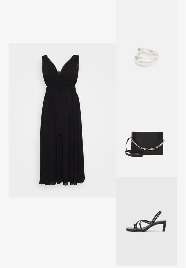 Juoda, be rankovių maksi suknelė su gilia V formos iškirpte, subalansuota juosmens linija ir surišta dirželiu. Pagaminta iš pluošto audinio su švelnia tekstūra.; Juodi šlepetės su kvadratiniu pirštu ir žemu bloku kulnu. Yra keli ploni dirželiai ir reguliuojamas kulkšnies diržas. Pagaminti iš lygios odos.; Juodas odinis per petį nešiojamas krepšys turi lygų paviršių, stačiakampio formą ir metalinę grandinėlę priekyje. Pridedama reguliuojama dirželis.; Sidabrinis dvigubas žiedas su lygiu, poliruotu paviršiumi. Pasižymi sklandžiu, kreiptu dizainu su persipinančiomis dalimis, suteikiančiomis modernų išvaizdą.