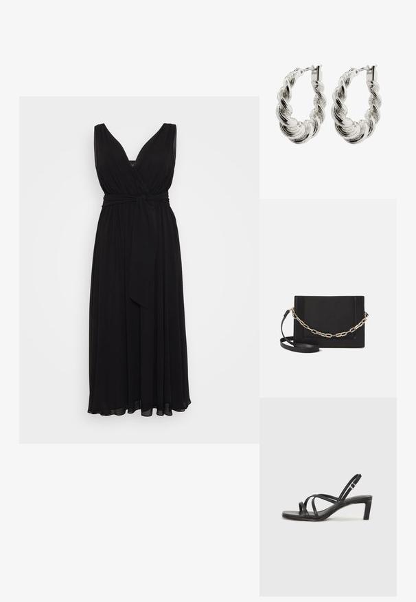 Rochie maxi neagră, fără mâneci, cu decolteu adânc în V, talie strânsă și curea legată. Fabricată dintr-un material fluid, cu o textură moale.; Sandal cu barete negre, cu vârf pătrat și toc mic de bloc. Prezintă mai multe barete subțiri și o bareta ajustabilă la gleznă. Fabricat din piele netedă.; Geantă de umăr din piele neagră, cu o textură netedă, formă rectangulară și un detaliu din lanț metalic în față. Include curea reglabilă.; Cercei din argint răsuciți cu o finisare lucioasă, având o textură împletită și un sistem de închidere sigur.